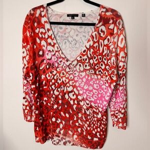 BCBGMaxAzria Red and Pink Leopard Print Long Sleeve Top